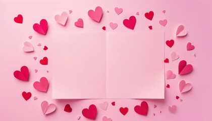 Composition for Valentine's Day February 14th. Delicate pink background and pink hearts cut out of paper. Greeting card. Flat lay, top view, copy space