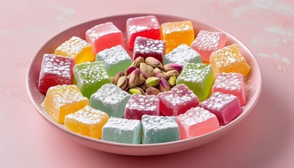 Obraz premium Colorful Turkish Delight Assorted with Pistachios on a Pink Plate