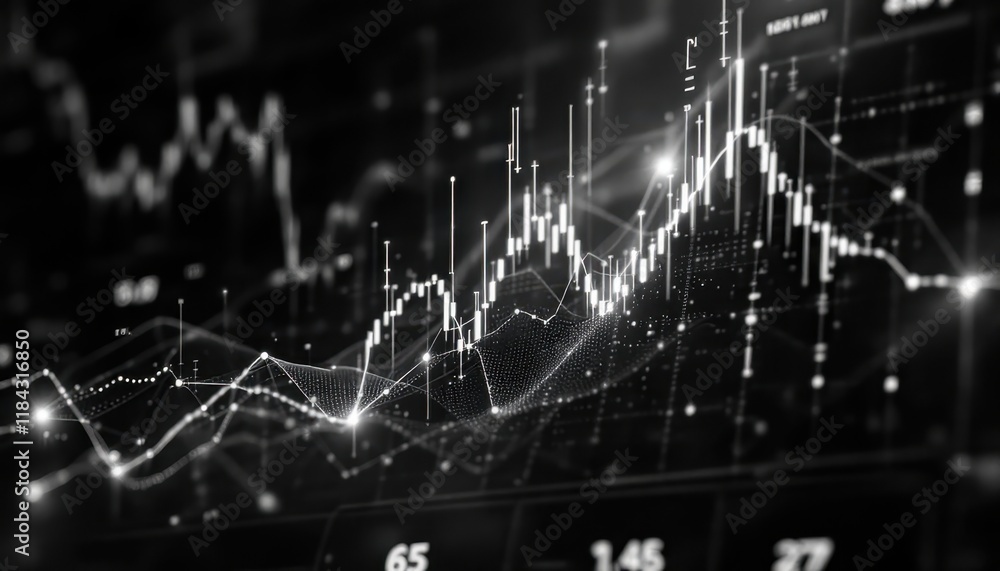 Poster dynamic financial data charts with rising graphs in black and white