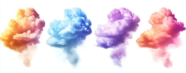 Colorful cloud clip art set with 4 angles, soft shadows, and professional color grading, isolated on a white background.