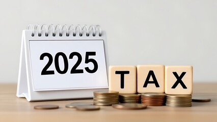 2025 Calendar and Word Tax on coin. Business tax management concept. Tax deduction planning and calculation tax return from government. personal taxes report. Financial research, Taxation season