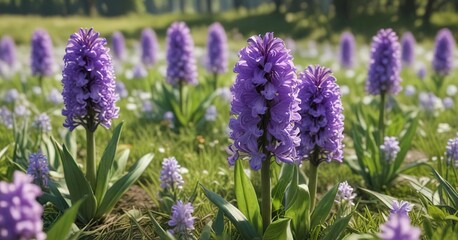 Obraz premium Hyacinth blooms with delicate purple petals unfolding in a sunny meadow , blooms, flowers