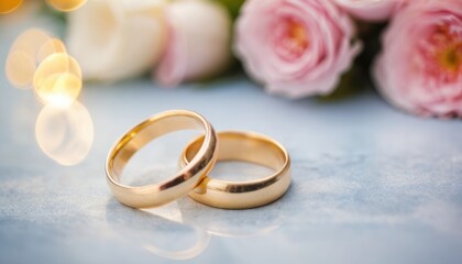 Gold wedding rings, and flowers in bokeh background