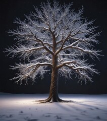 Snow-covered tree with twinkling lights in a darkened room, winter night, holiday season , snowflakes