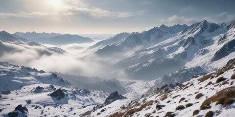 Snowy Ascent of the Asturian Mountains with a Misty Valley Below , landscape, misty valley, scenery