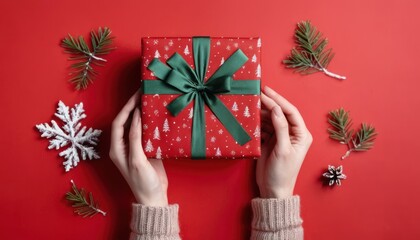 hands in pullover holding Christmas gift box decorated with evergreens branch on red background with snow. Christmas and New Year banner