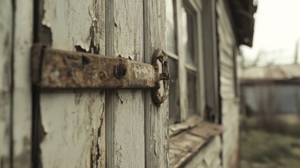 Rusted metal latch on weathered, white wooden window of abandoned house.
