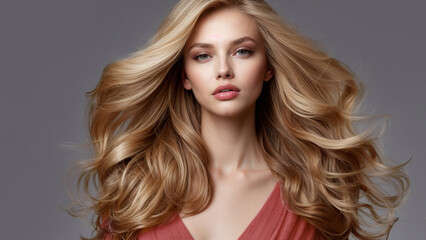 Naklejka premium Portrait of a beautiful woman with gorgeous thick long wavy light brown hair on a gray background. The wind blows her hair