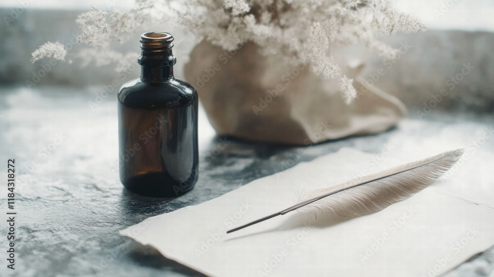 Poster Calligraphy tools featuring a feather quill, ink bottle, and parchment arranged neatly on a rustic surface. Generative AI