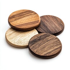 Four Unique Wooden Coasters Displayed in Natural Light on a Minimalist Surface
