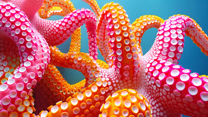 Brightly colored pink and orange octopus tentacles with detailed suction cups intertwining against a blue aquatic background, creating a striking and surreal underwater scene