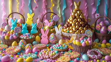 a large number of Easter sweets in the shape of bunnies and golden eggs. sweet pastries
