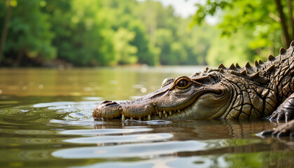 Obraz premium Prehistoric crocodile basking by riverbank in tropical floodplain, ancient wildlife