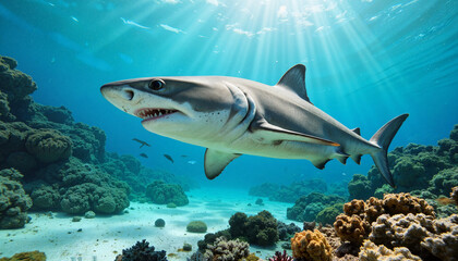 Fototapeta premium Prehistoric shark swimming in ancient sea with vibrant reefs, marine life