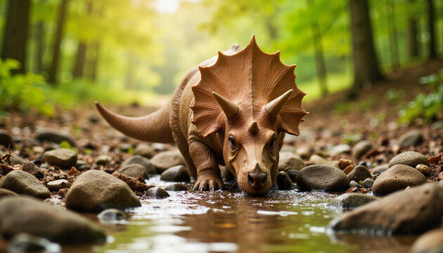 Horned ceratopsid drinking from stream in tranquil woods, prehistoric scene