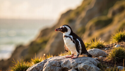 Obraz premium Snares penguin perched on rock at coastline during dusk, nature portrait