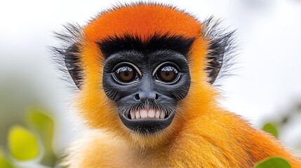 Fototapeta premium Close-up portrait of a golden-headed langur monkey showing its teeth.