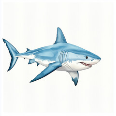 Fototapeta premium Illustration of the Great White Shark, soft watercolor tones, white background, detailed illustration, cartoonish.