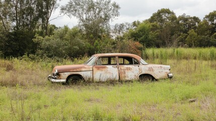 Fototapeta premium Rusted vintage car abandoned in a grassy field.