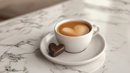 A 3D-rendered espresso with a heart-shaped chocolate on the saucer, placed on a light marble surface