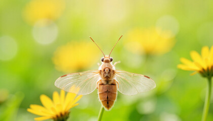 Obraz premium Lacewing insect resting on flower in meadow, nature's beauty