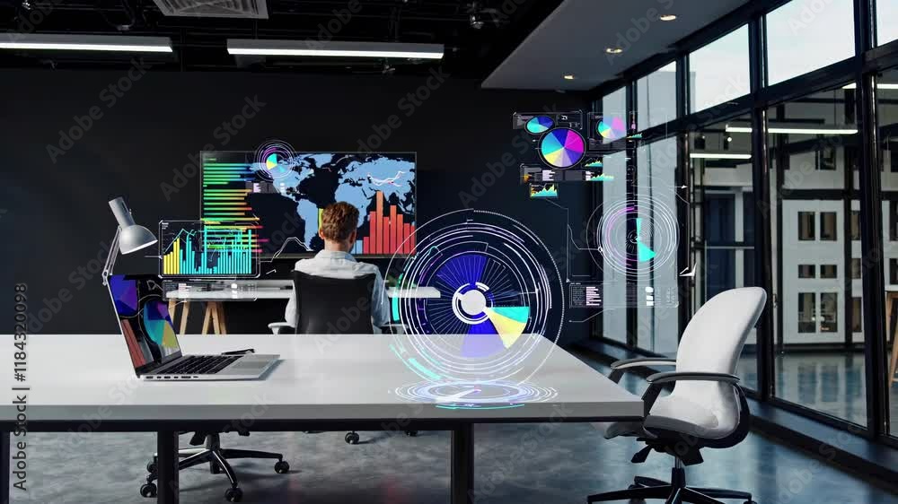 Poster modern workspace featuring dynamic data visualization and collaborative technology tools