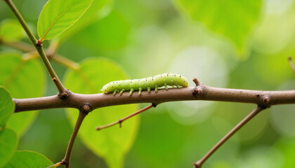Naklejka premium Camouflaged stick caterpillar resting on forest branch, nature's artistry