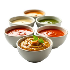 Five bowls of soup, each with a different color and garnish