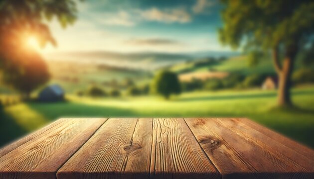 The empty wooden brown table top with blur background of farmland and blue sky. Exuberant