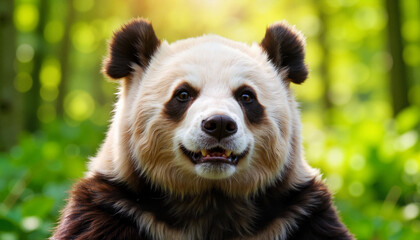 Obraz premium Panda enjoying sunlight in bamboo forest, nature's serenity