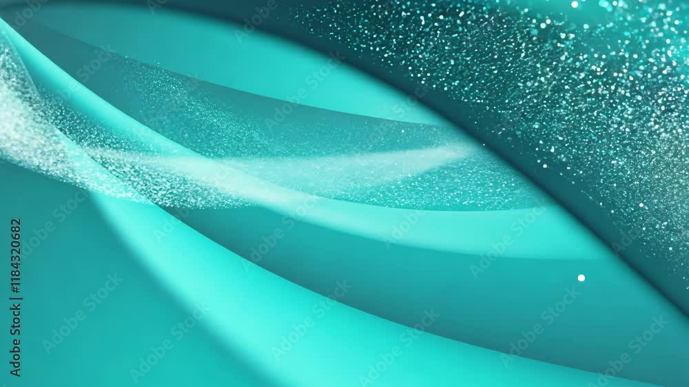 Poster dynamic turquoise gradient swirling curves backdrop with shimmering particles