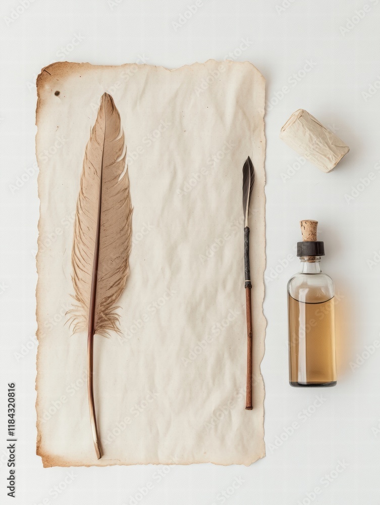Poster creative expression with calligraphy tools featuring a feather quill, ink bottle, and parchment for 