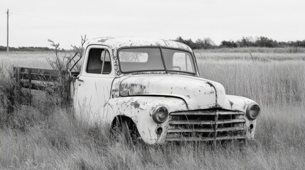Fototapeta premium Rusted vintage pickup truck abandoned in a field. (1)