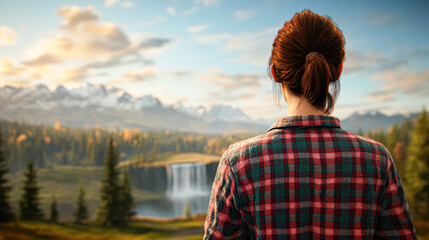Fototapeta premium Adventure seeker gazing at majestic waterfall in tranquil nature landscape