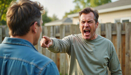 Angry neighbor Angry man yelling and pointing during backyard argument