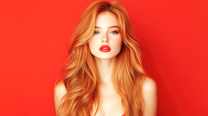 Fototapeta premium Fashion model portrait studio setup vibrant red background close-up beauty concept