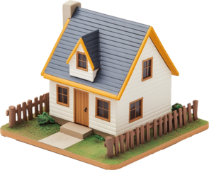 A tiny white house toy model isometric view isolated on transparent background