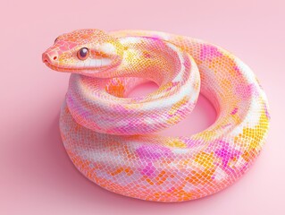 Fototapeta premium An adorable snake in paper-cut style, wrapped in a figure-eight loop, its head raised with a curious look, playful patterns and pastel hues, 8k, High-resolution, High-detail 