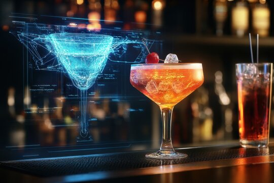 Creative cocktail preparation with holographic display at a modern bar