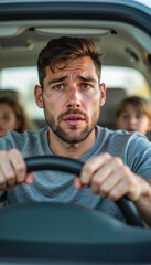Furious driver Concerned father driving with children in car