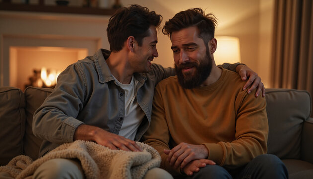 Consoling friend crying cheerful teammates Supportive couple sitting together by cozy fireplace