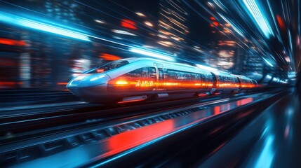 Fototapeta premium Futuristic High-Speed Train at Night