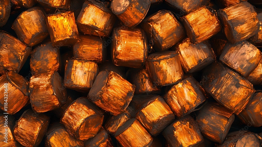 Poster close-up view of metallic gold-colored blocks stacked neatly, showcasing the textured surface, refle