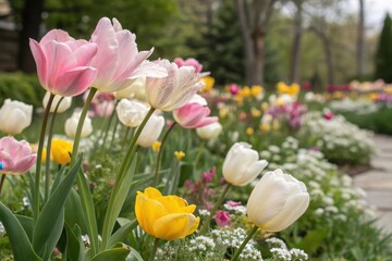 Obraz premium A vibrant spring garden showcasing a profusion of pastel tulips in pink, white, and yellow hues