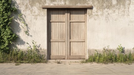 Fototapeta premium Rustic wooden double doors in weathered wall.