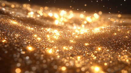Obraz premium Glowing golden glitter particles shimmering in a soft abstract texture.
