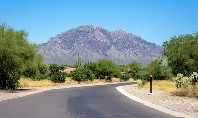 Fototapeta premium Winding Desert Road with Majestic Mountain Backdrop