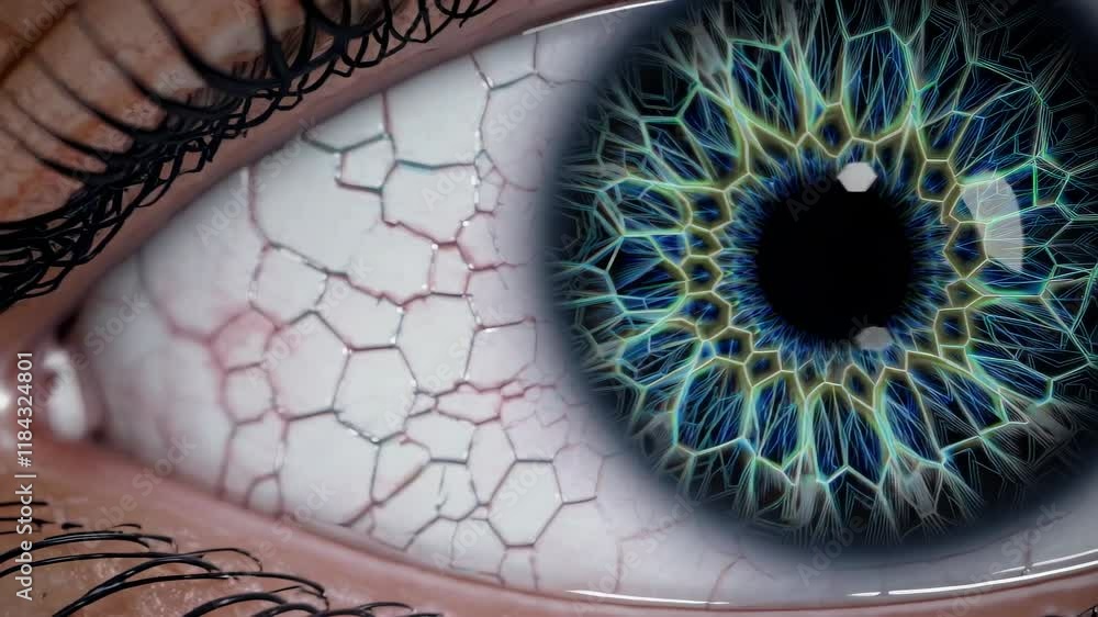 Poster Detailed close-up of a vibrant human eye showcasing intricate patterns and colors in stunning clarity