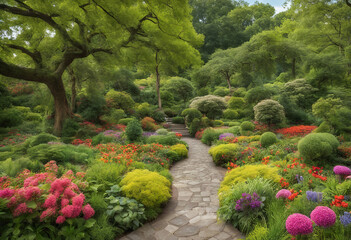 A Flourishing Retreat Serene Garden Path Amidst Vibrant Blooms