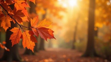 Autumnal foliage bathed in golden sunlight, showcasing vibrant red leaves against a blurred woodland backdrop